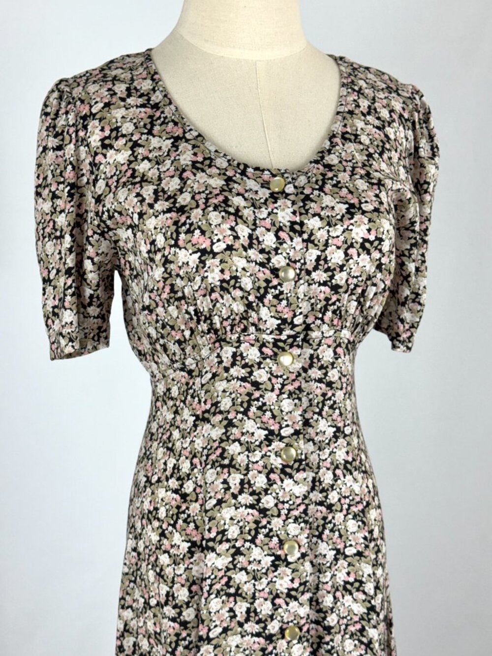 Vtg 90s All That Jazz Black Floral Rayon Button Front Maxi Dress Babydoll Grunge - Picture 3 of 11